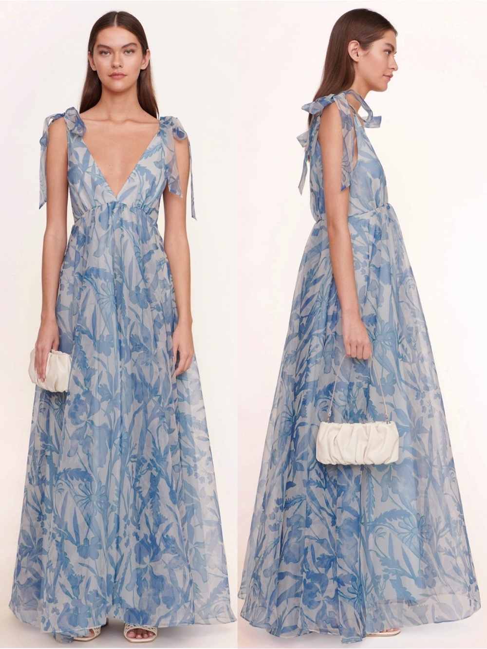 STAUD Dandelion Organza Floral Tie Strap Maxi Dress Blue Sky Wild